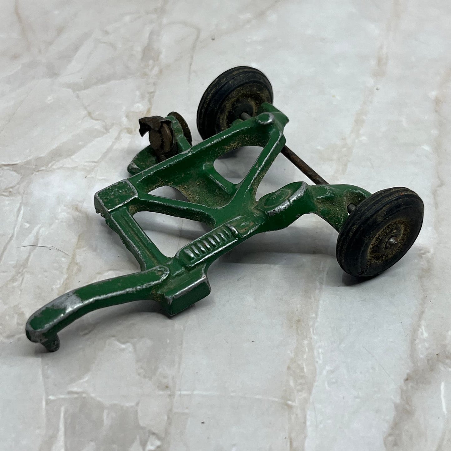 Vtg Sickle Bar Pull Behind mower Metal toy green 9826 Rubber Wheels 3.5” TH5