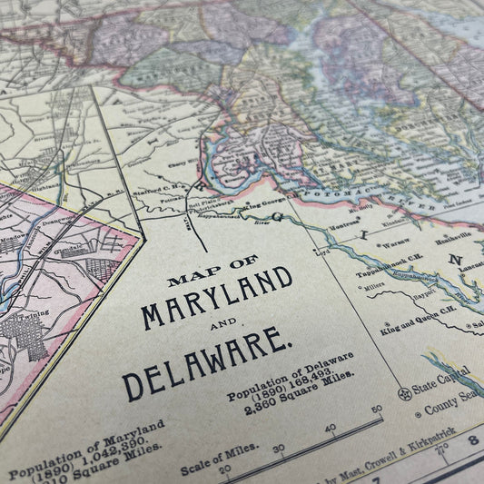 1899 Map of Maryland and Delaware 10x13 Original Tinted Map Engraving FL6-8