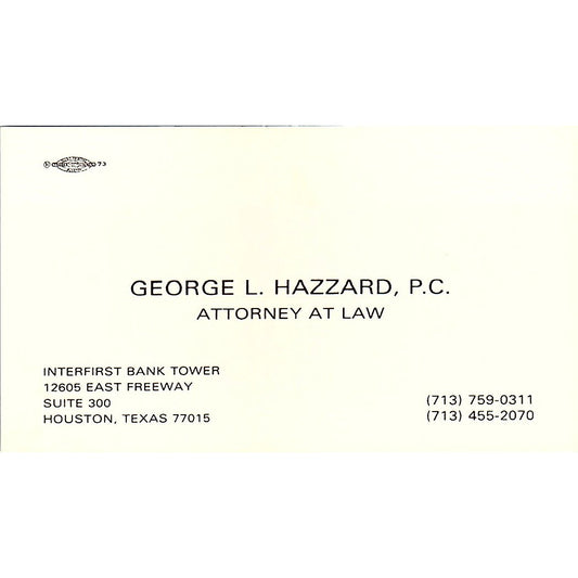 George L Hazzard Attorney Houston TX Vintage Business Card SE3-B12