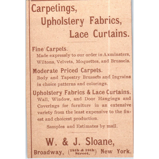 Carpetings, Upholstery Fabrics, Lace Curtains W&J Sloane NY c1890 Ad AE8-CH6