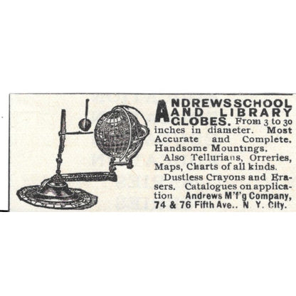Andrews School and Library Globes NYC c1890 Victorian Ad AE8-CH11