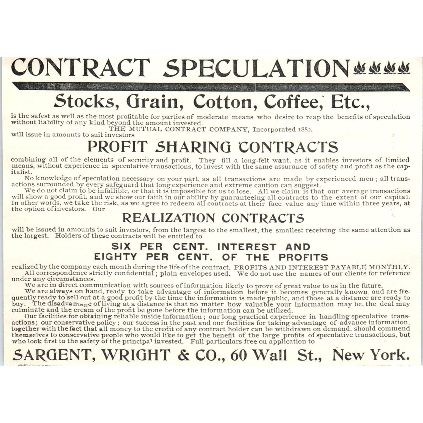 Sargent, Wright & Co Contract Speculation NY 1897 Victorian Ad AE9-TS3