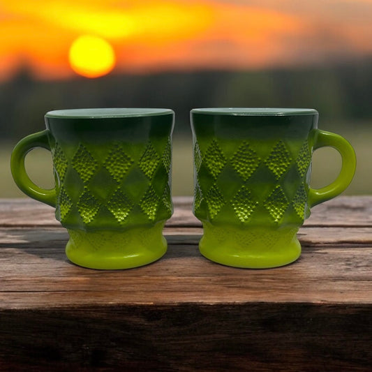 Set of 2 Retro Fire King Ombre Green Kimberly Diamond Milk Glass Mugs Cups TC5