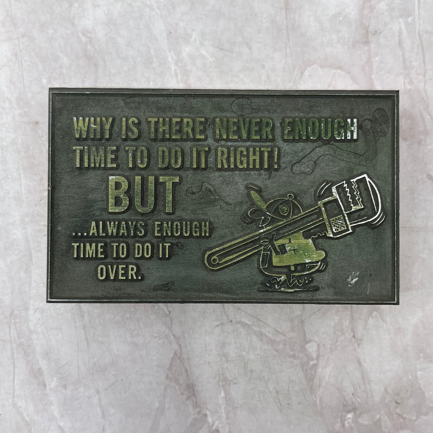 Plumber Pipe Wrench Humor Cartoon Vintage Letterpress Printers Block Plate SB8