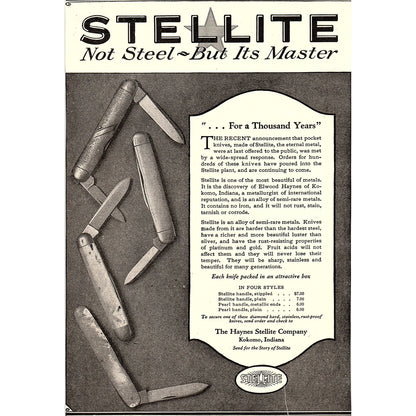 The Haynes Stellite Company Kokomo Indiana c1920 Ad AF8-7