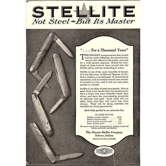 The Haynes Stellite Company Kokomo Indiana c1920 Ad AF8-7