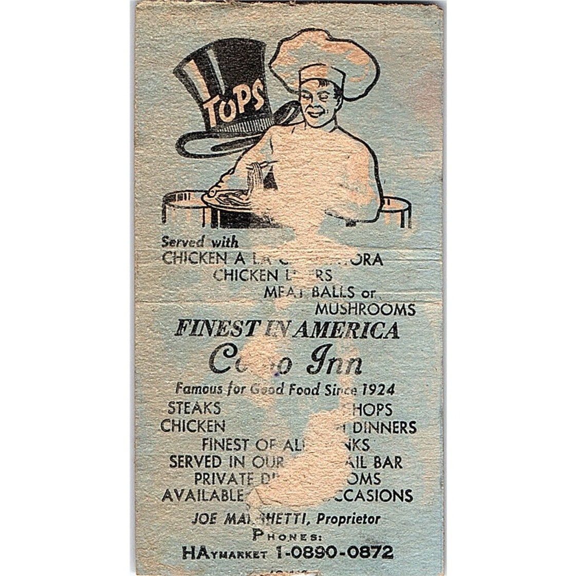 Como Inn Italian Restaurant Chicago Vintage Matchbook Cover SC7-Y3