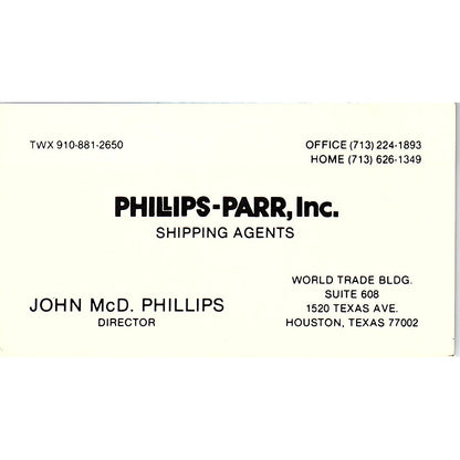 John McD Phillips-Par Shipping Agents Houston Vintage Business Card SC9-B2