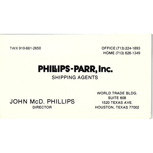 John McD Phillips-Par Shipping Agents Houston Vintage Business Card SC9-B2