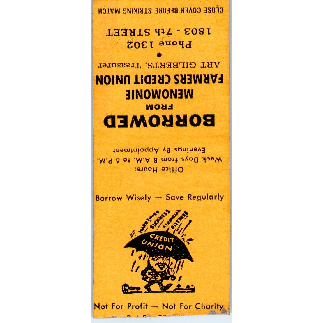 Menomonie Credit Union Art Gilberts WI Vintage Matchbook Cover SD2-Y7