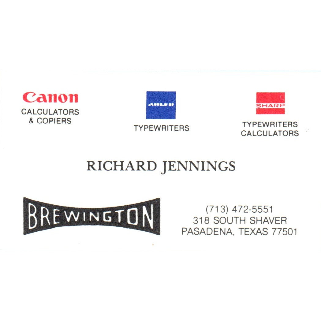 Richard Jennings Canon Typewriters Calculators Pasadena Vtg Business Card SE3-B2
