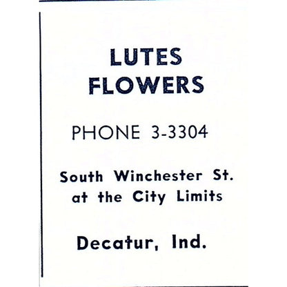 Lutes Flowers South Winchester St. Decatur Indiana 1964 Ad AG1-S13