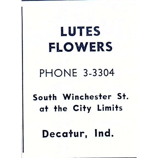 Lutes Flowers South Winchester St. Decatur Indiana 1964 Ad AG1-S13