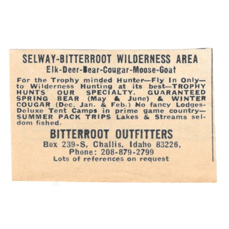 Bitterroot Outfitters Selway-Bitterness Wilderness Area Challis 1977 Ad AF6-S4