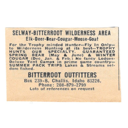 Bitterroot Outfitters Selway-Bitterness Wilderness Area Challis 1977 Ad AF6-S4