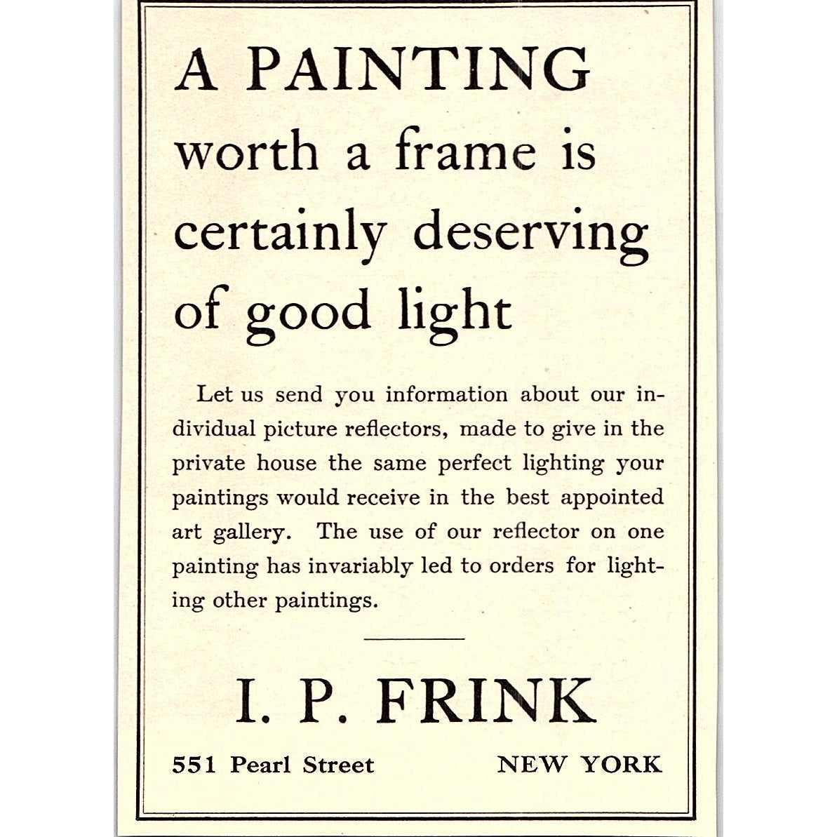 I.P. Frink Lighting for Paintings Pearl Street NY - 1908 Ad AF5-4
