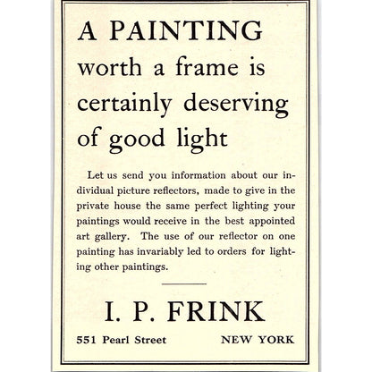 I.P. Frink Lighting for Paintings Pearl Street NY - 1908 Ad AF5-4