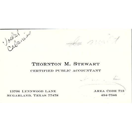 Thornton M Stewart CPA Sugarland TX Vintage Business Card SD9-B1