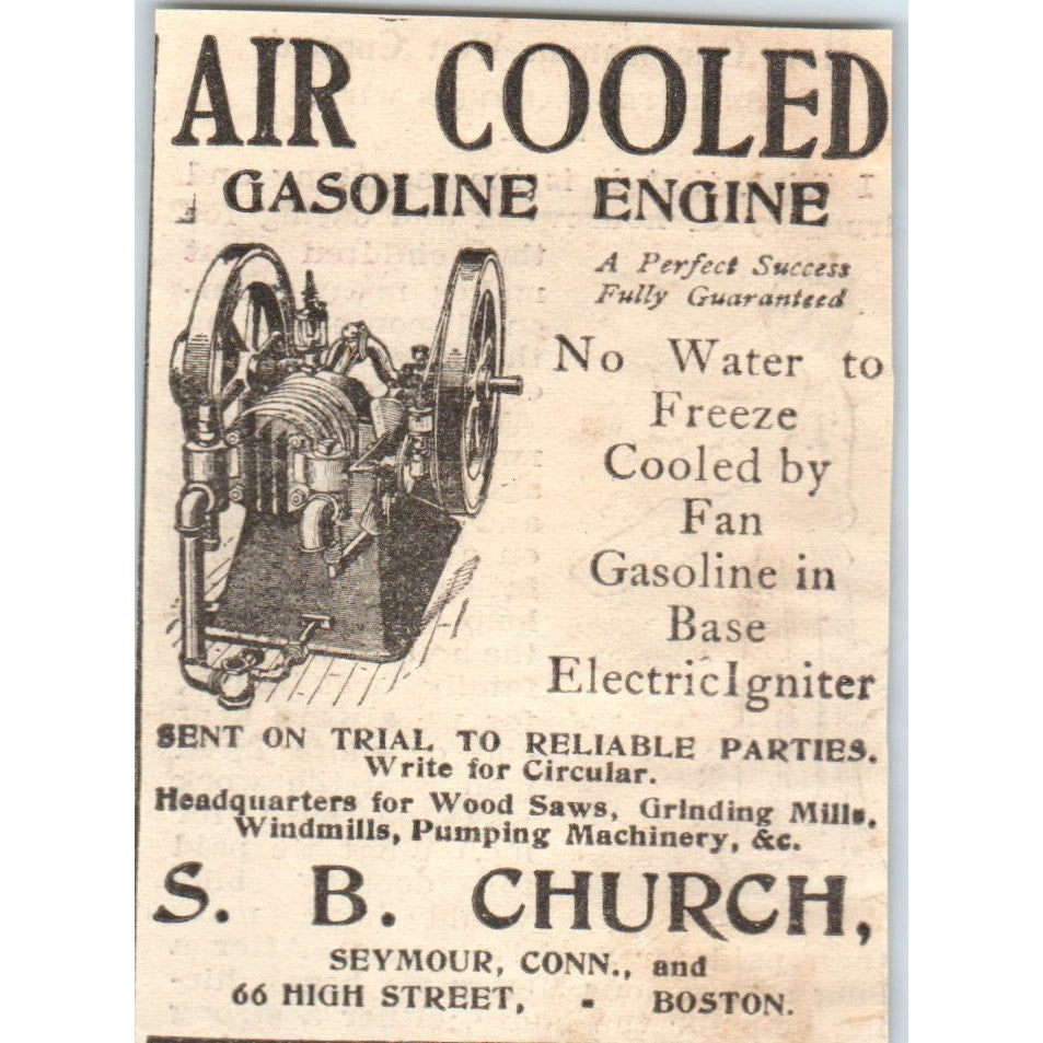 S.B. Church Air-Cooled Gasoline Engine Boston 1905 Magazine Ad AF1-NH2