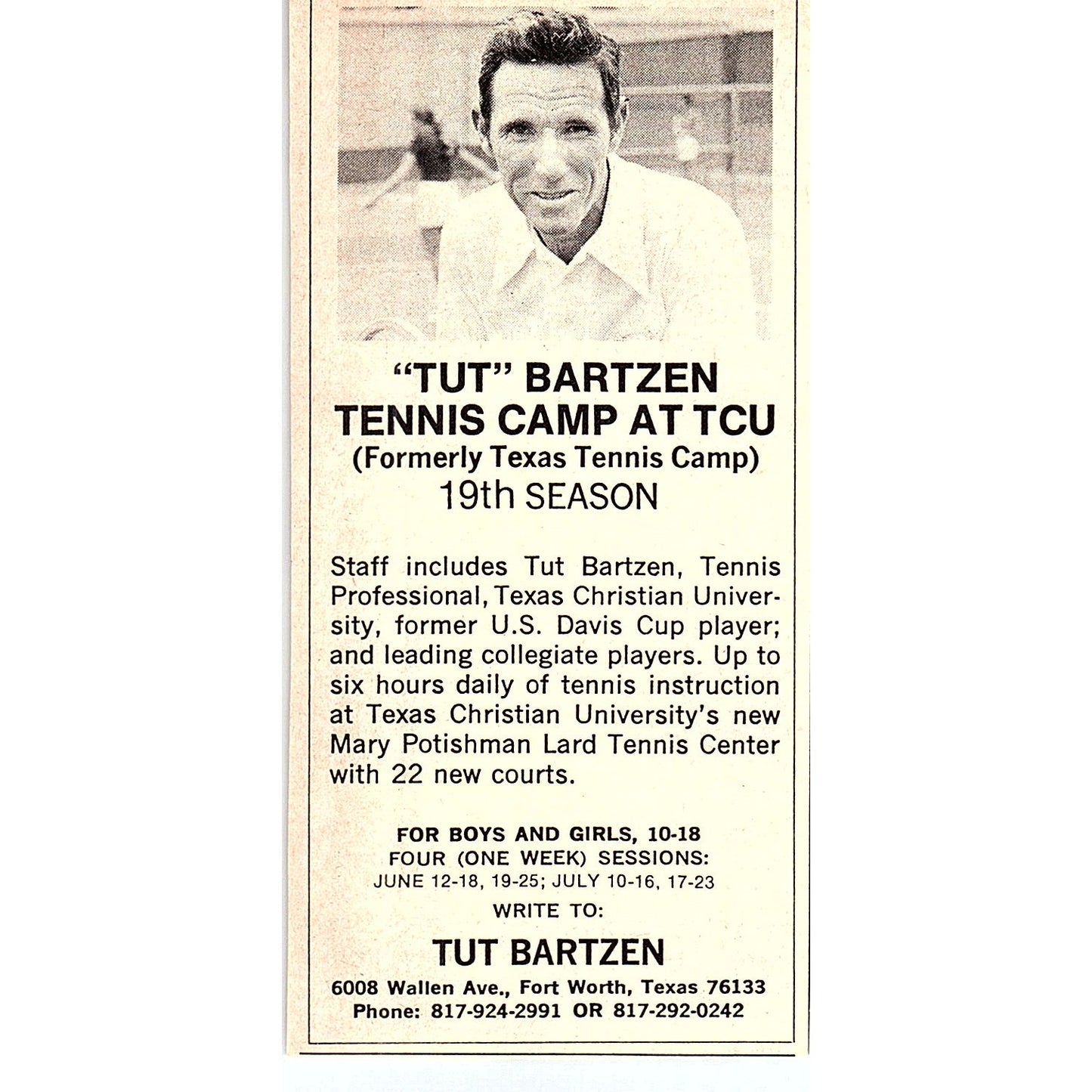 Tut Bartzen Tennis Camp at TCU Fort Worth TX 1977 Ad AF3-Q1