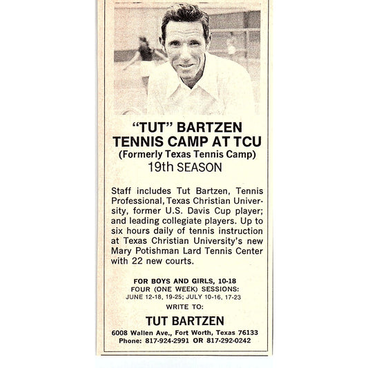 Tut Bartzen Tennis Camp at TCU Fort Worth TX 1977 Ad AF3-Q1