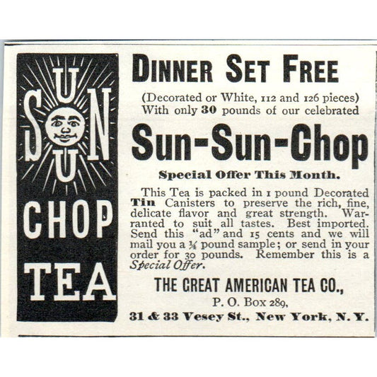 The Great American Tea Co Sun-Sun-Chop Tea c1905 Original Advertisement AE7-A3