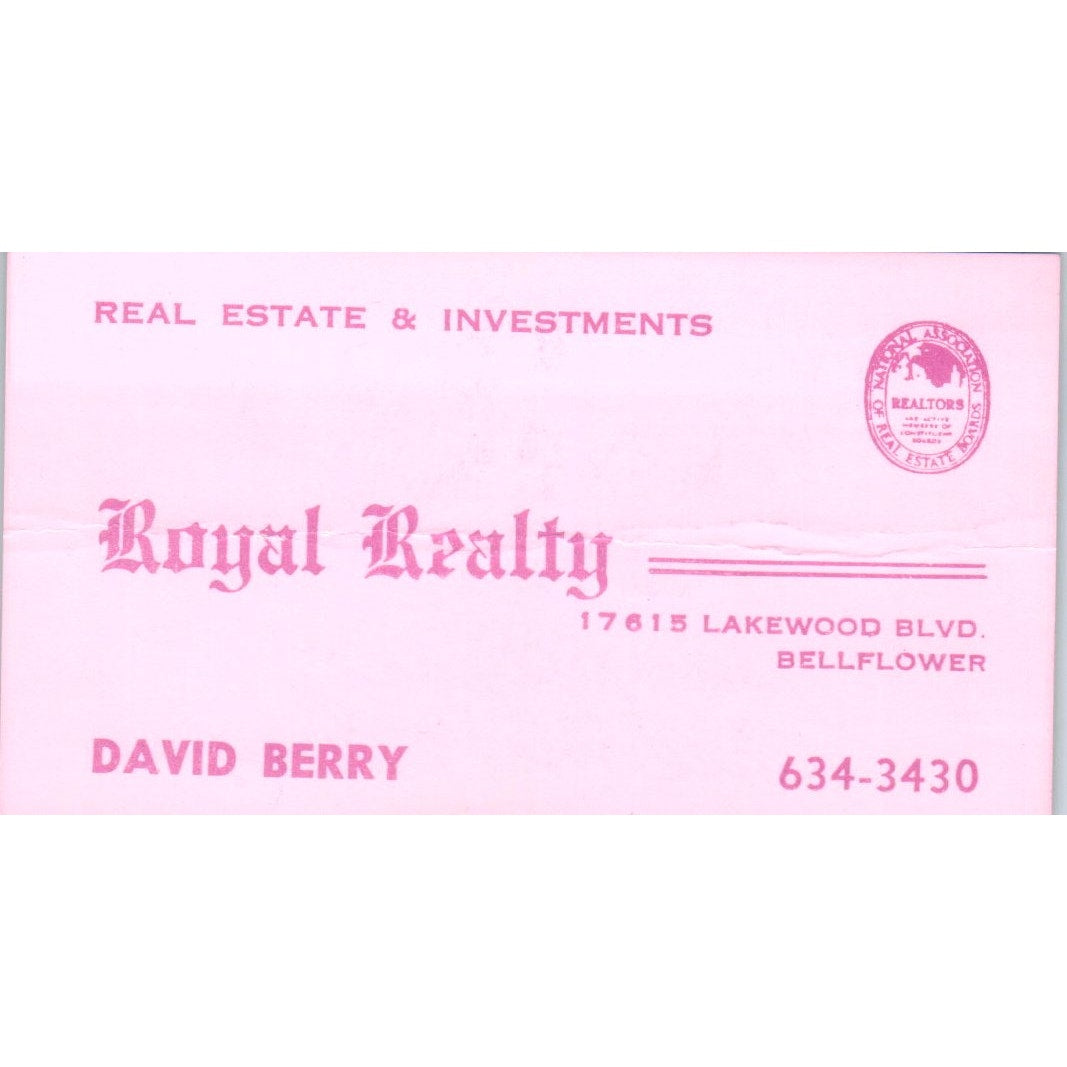 David Berry Royal Realty Bellflower Vintage Business Card SD8-B1