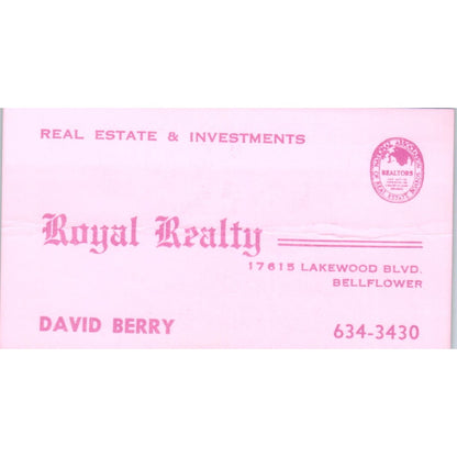 David Berry Royal Realty Bellflower Vintage Business Card SD8-B1