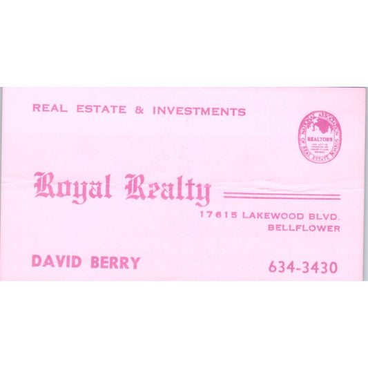 David Berry Royal Realty Bellflower Vintage Business Card SD8-B1