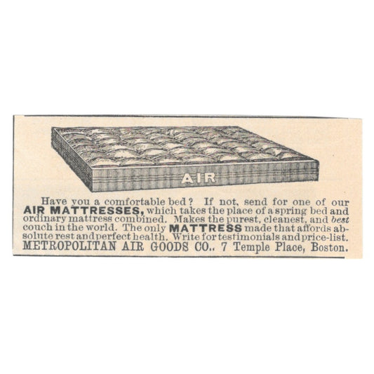 Metropolitan Air Goods Co Air Mattresses Temple Place Boston 1892 Ad AK6-S1