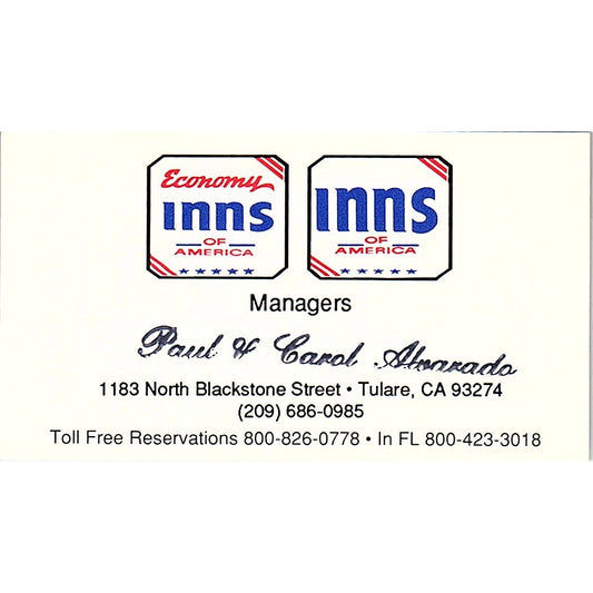 Paul & Carol Alvarado Economy Inns Tulare CA Vintage Business Card SC9-B10