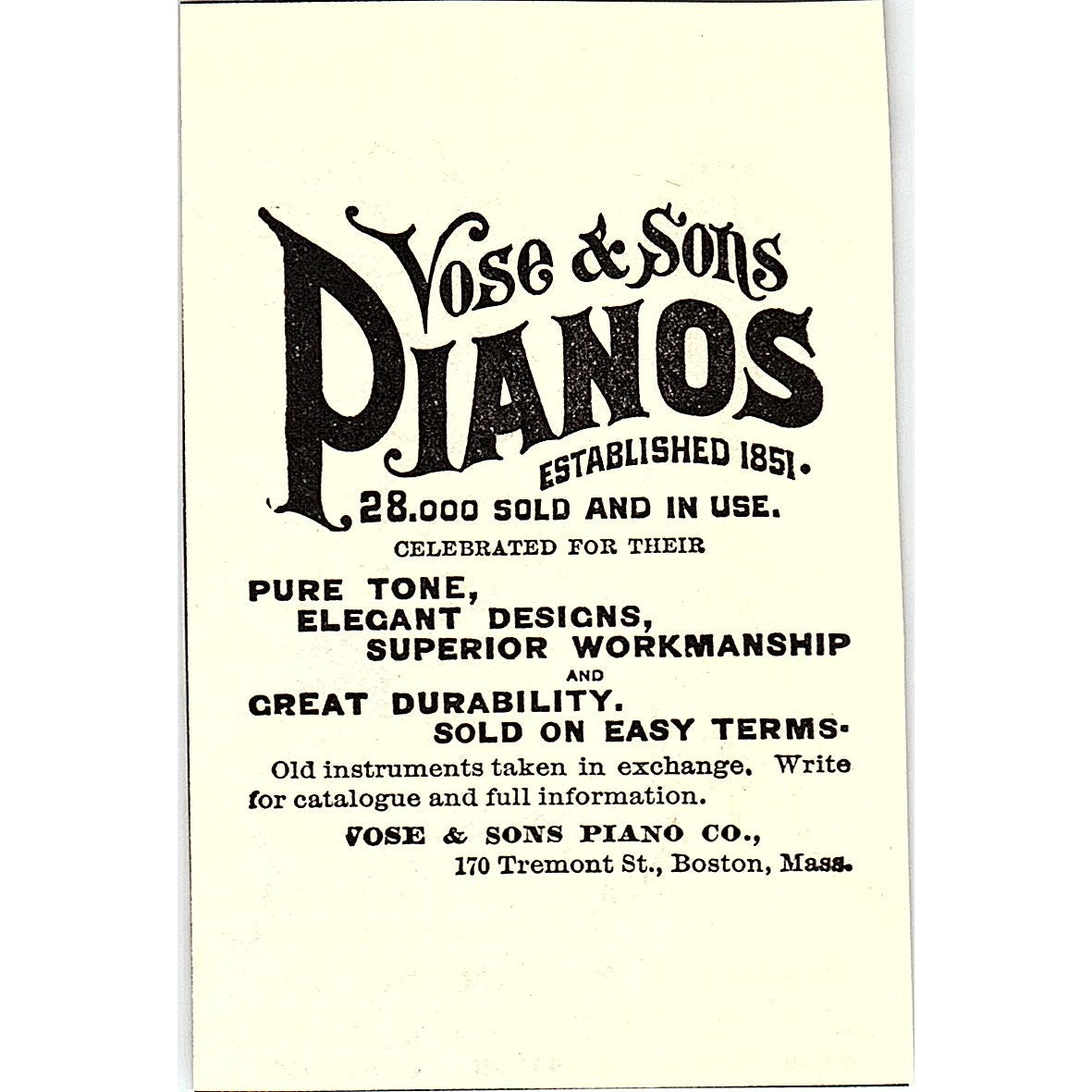 Vose & Sons Piano Co 170 Tremont St. Boston MA 1892 Ad AG2-M11
