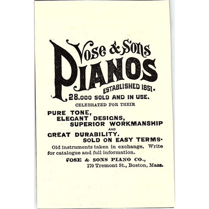 Vose & Sons Piano Co 170 Tremont St. Boston MA 1892 Ad AG2-M11