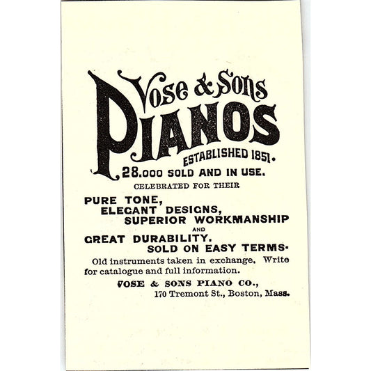 Vose & Sons Piano Co 170 Tremont St. Boston MA 1892 Ad AG2-M11