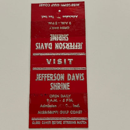 Jefferson Davis Shrine Gulf Coast Biloxi MS 1953 Matchcover Match Book AG3-S27