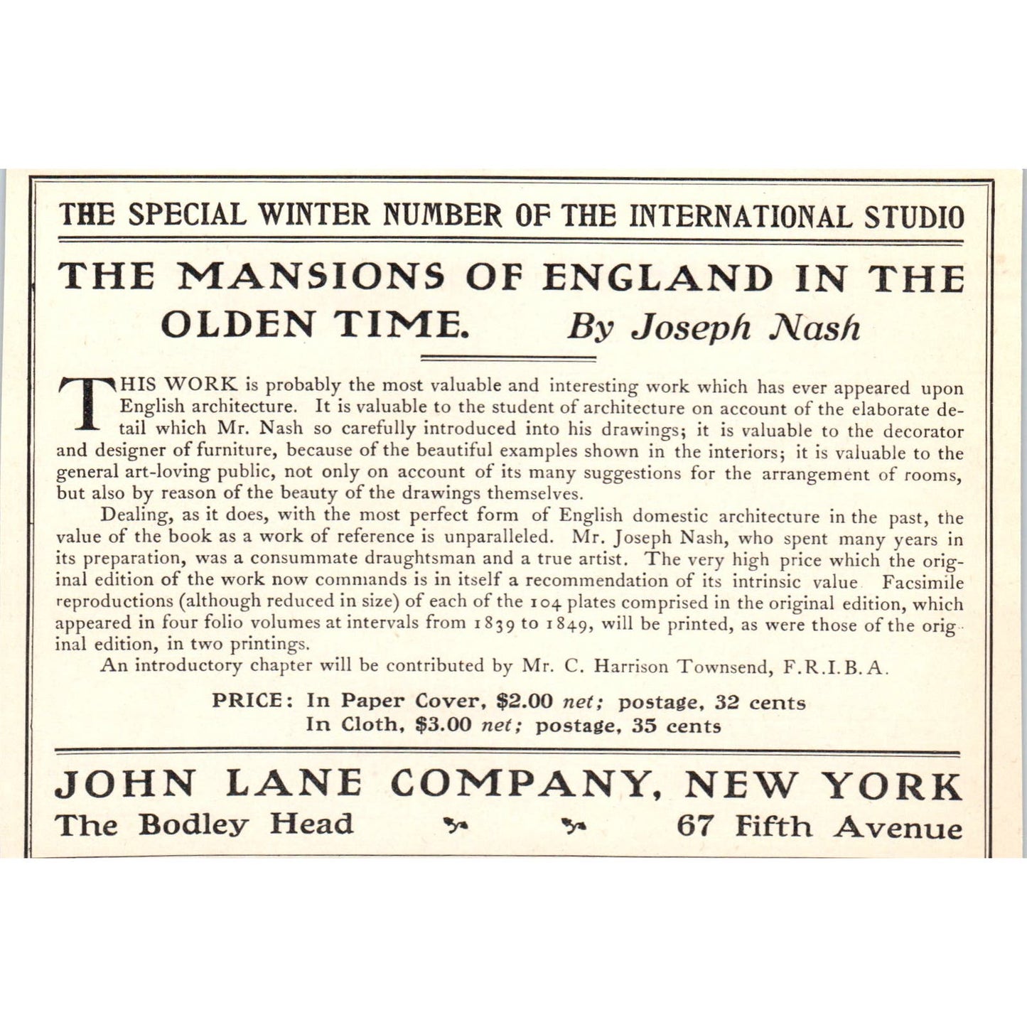 Joseph Nash Mansions of England Book Ad John Lane c1905 Victorian Ad AE9-MA3