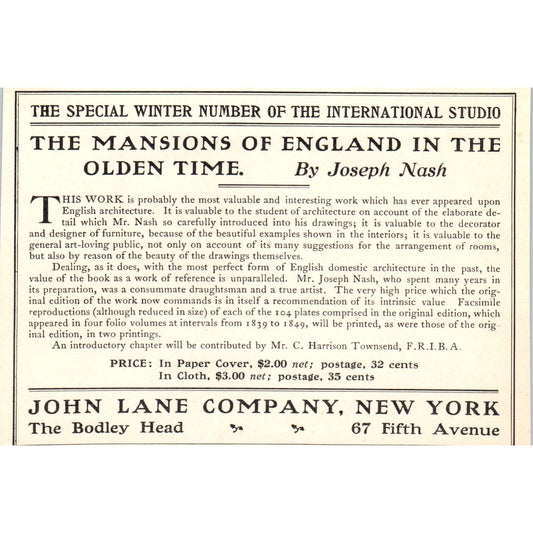 Joseph Nash Mansions of England Book Ad John Lane c1905 Victorian Ad AE9-MA3