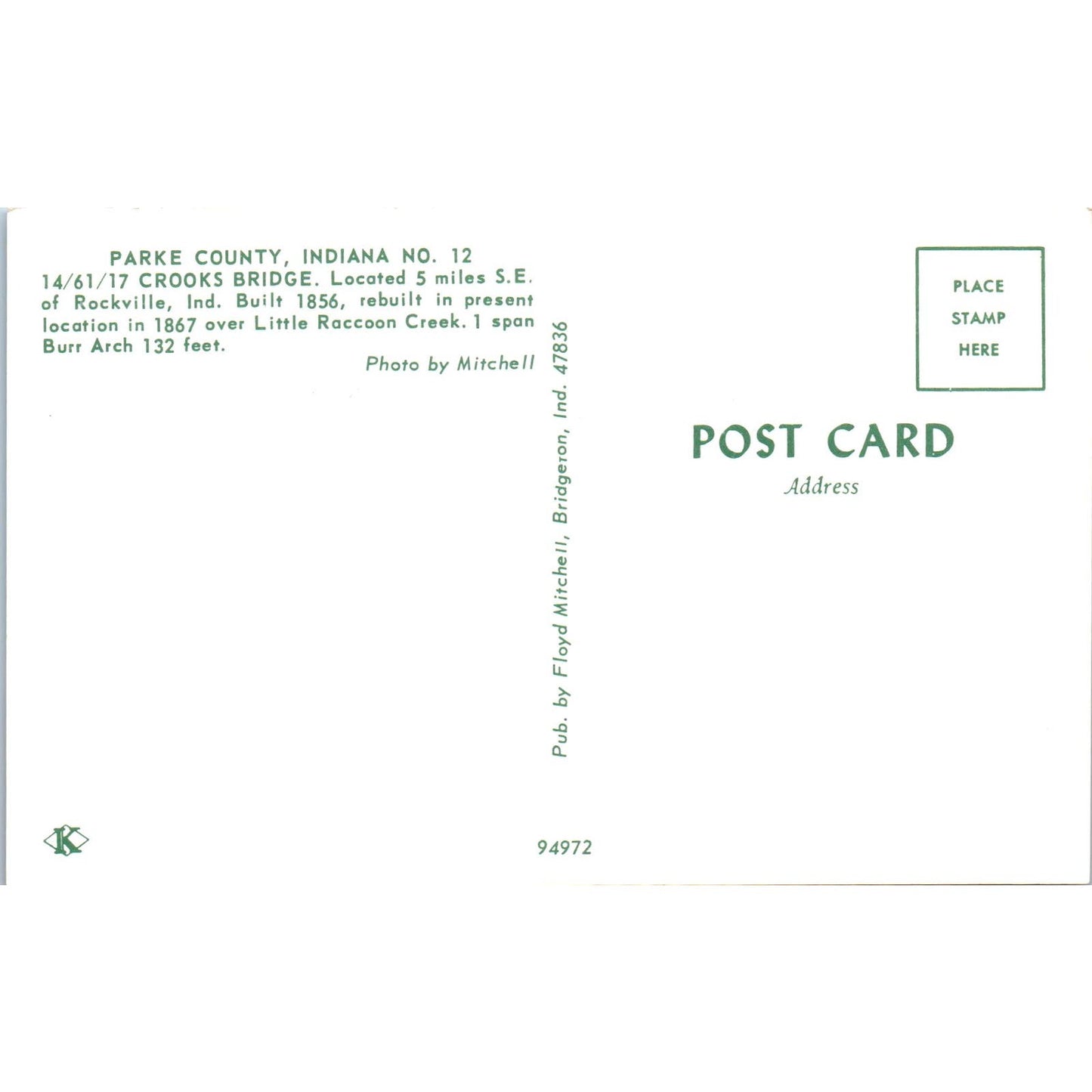 Parke County No 12 Crooks Bridge Rockville Vintage Covered Bridge Postcard PD3