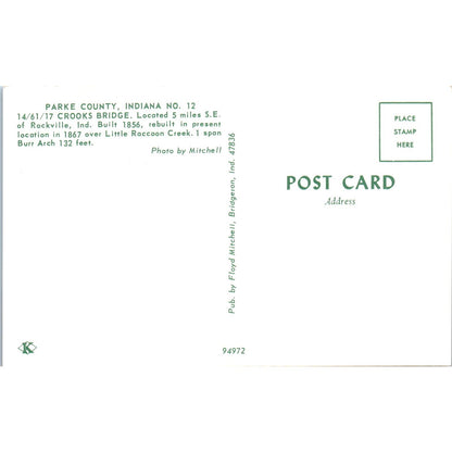 Parke County No 12 Crooks Bridge Rockville Vintage Covered Bridge Postcard PD3