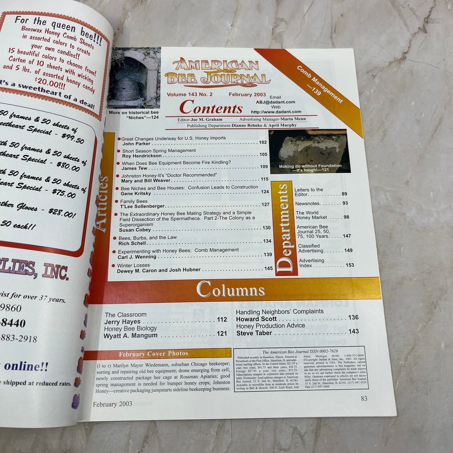 2003 Feb American Bee Journal Magazine Bees Beekeeping Honey M7