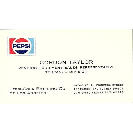 Gordon Taylor Pepsi Cola Bottling Co Torrance CA Vintage Business Card SD9-B10