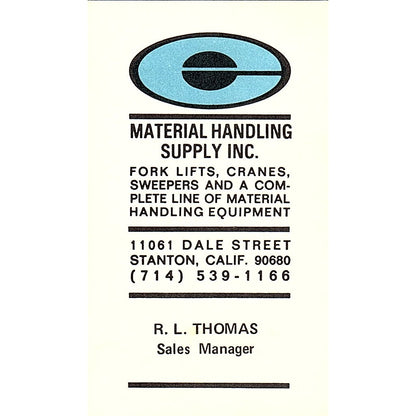 Material Handling Supply R.L. Thomas Stanton CA Vintage Business Card SB4-B4