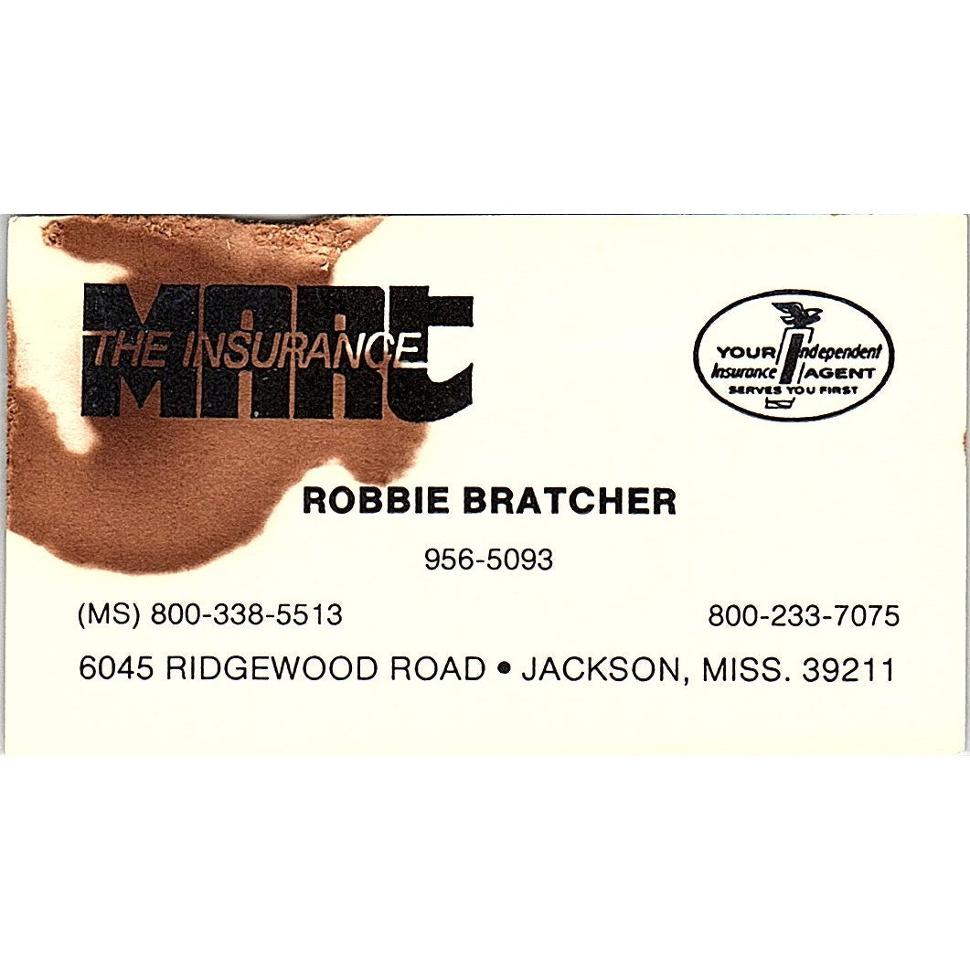 Robbie Bratcher MAAT Ins Jackson MS Vintage Business Card SD9-B9