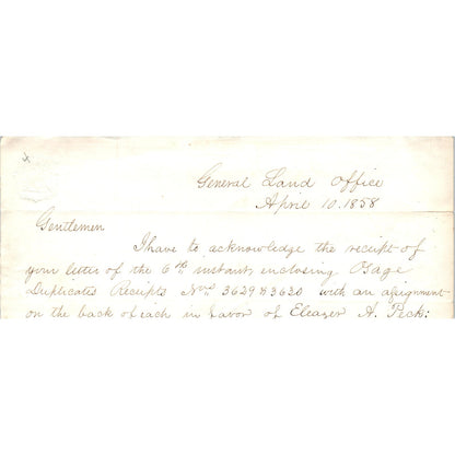 1858 Handwritten Letter General Land Office Regarding Eleazer A. Peck D21