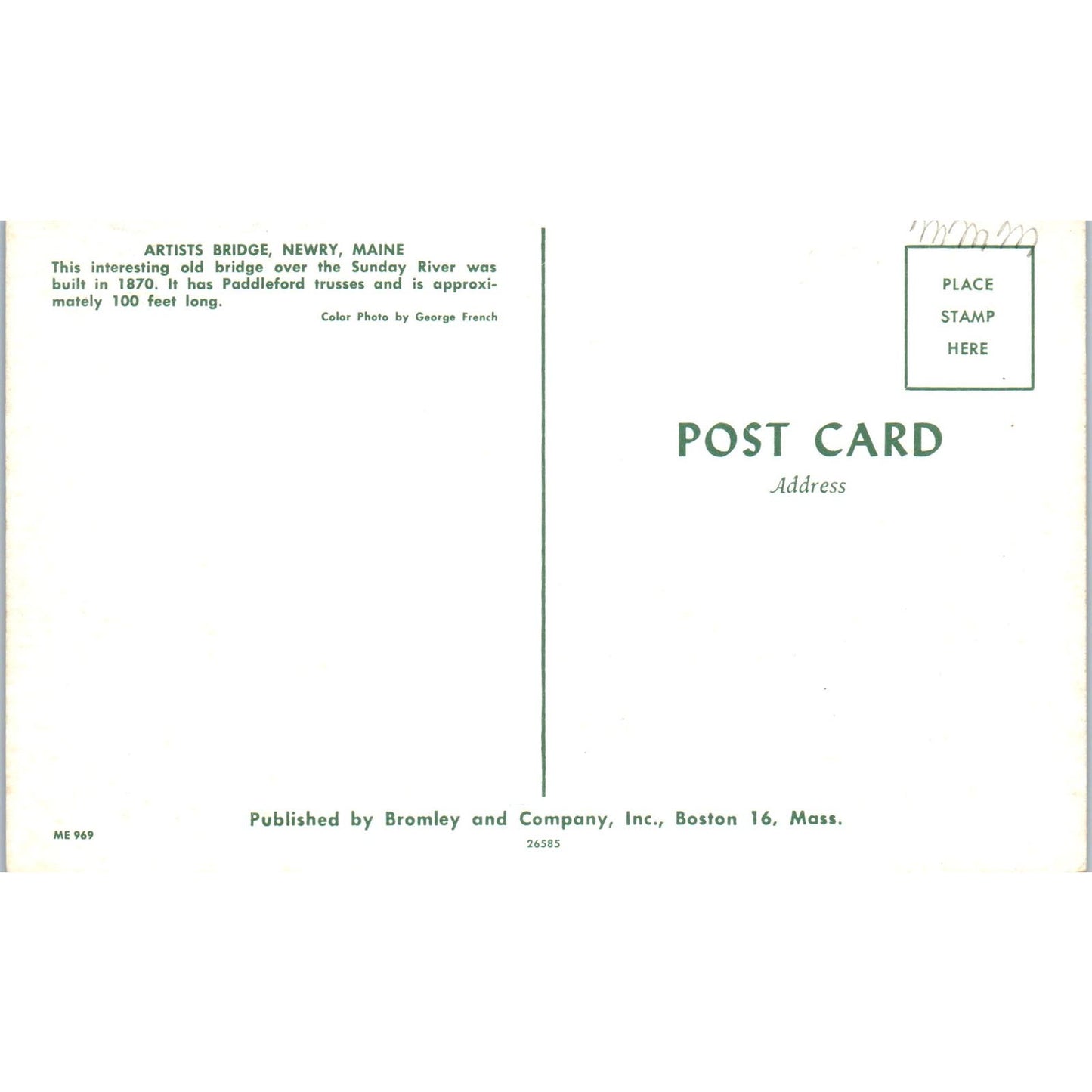 Artists Bridge Sunday River Newry Maine Covered Bridge Postcard PB13