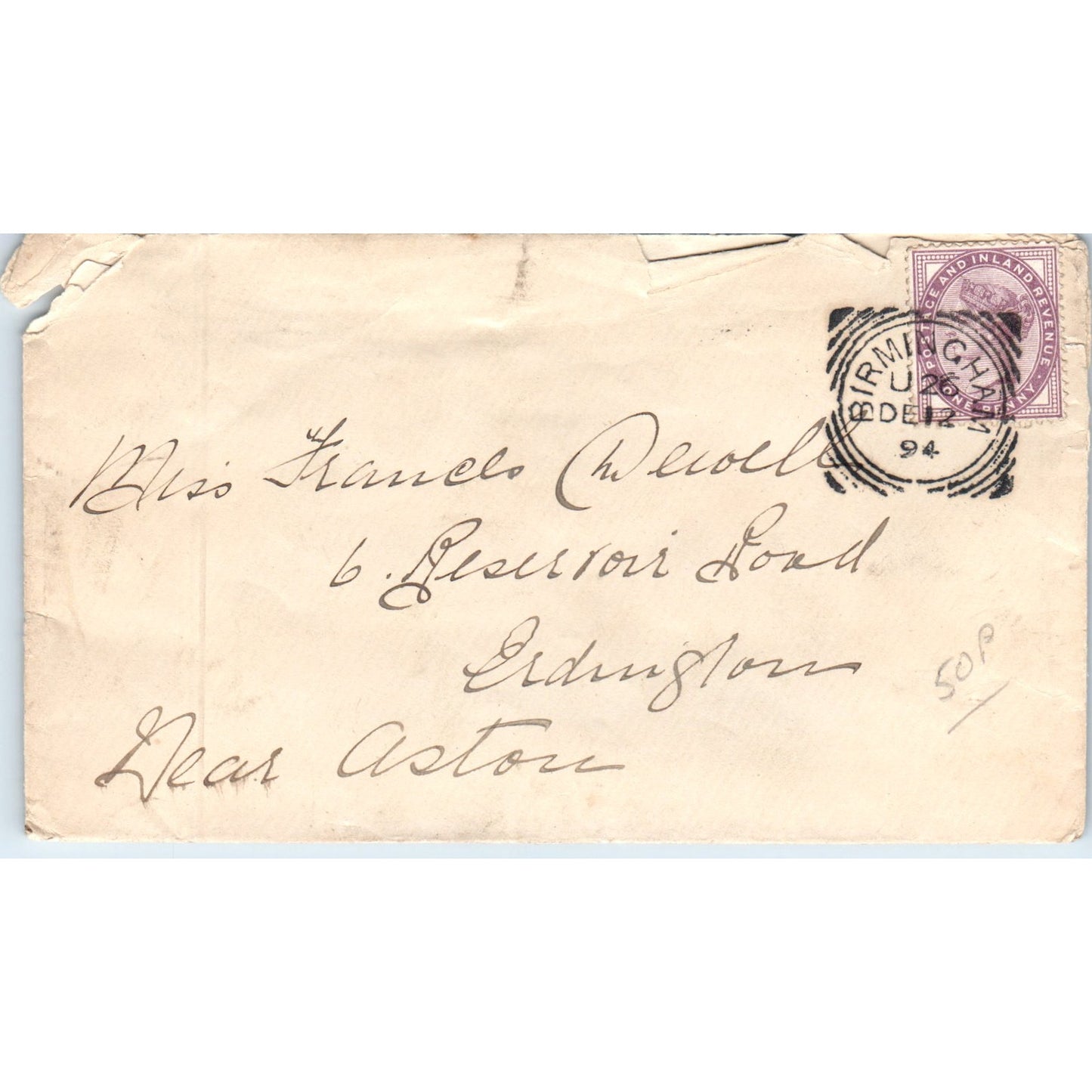 1894 Postal Cover Birmingham Cancellation to Erdington England AB6-M4