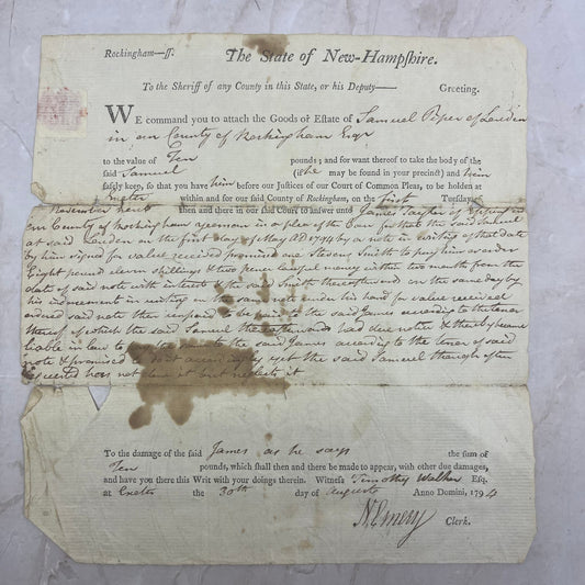 1794 Court Document Rockingham County NH Samuel Piper AE6