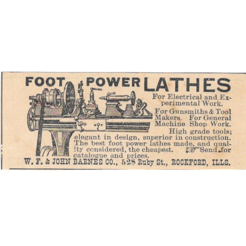 Foot Power Lathes W.F. & John Barnes Co Rockford IL 1892 Magazine Ad AB6-S1