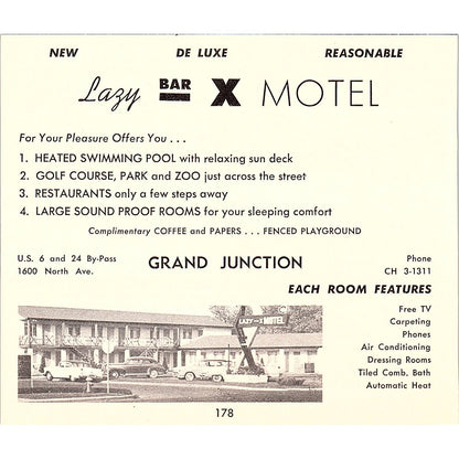 Lazy Bar X Motel, Columbine Motel Grand Junction CO 1958 Ad AG1-H2
