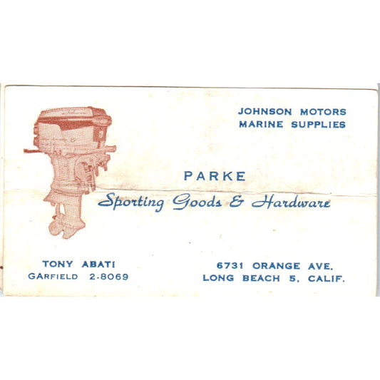 Parke Sporting Goods & Hardware Tony Abati Long Beach Vtg Business Card SD8-B8
